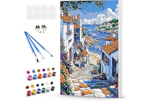 DAERLE Pintar por Numeros Adultos con Marco, Pueblo costero, DIY Cuadros para Pintar por Números Calle hermosa, Decoración para el Hogar Regalo de pared 20x30cm