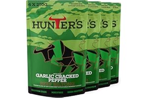 Hunters Biltong Garlic Cracked Pepper Beef Biltong, 1kg Pack of 4 x 250g High Protein, low fat, Thin Tender Slices of authentic Beef Biltong, beef Jerky, MSG Free, Convenient Snack