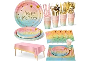 Nkaiso Partygeschirr Kindergeburtstag,20 Gäste Regenbogen Party Set mit Pastell Becher Servietten Tischdecke Pappteller Geburtstag Mädchen Geburtstagsdeko