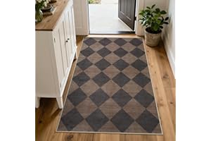 Beeiva Checkered Print Entry Rug 3x5, Non Slip Washable Kitchen Rug 3x5 Stain Resistant Ultra Thin Bathroom Decor, Neutral Geometric Carpet for Bedroom Living Room Office (Brown/Black)