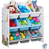Relaxdays Children's Shelf, 9 Storage Boxes, Fire Pit, MDF, Plastic, Toy Organizer, 67 x 65 x 31.5 cm, Coloured