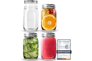 volila Mason Jar mit Deckeln - 490 ml Mehrzweck-Einmachgläser für Overnight Oats, Einlegen, Einmachen, Konservieren und Mahlzeitenvorbereitung - Luftdichte Einweckgläser (4er Pack - Normaler Deckel)