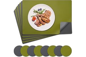 NOSTHEART Manteles Individuales y Posavasos, Salvamanteles Manteles Lavables Individuales con Borde Cosido, Manteles Individuales Antideslizantes Impermeables de Doble Cara - Verde Gris, Juego de 8