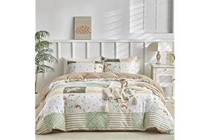 Tokokimo Set Copripiumino Matrimoniale 240x220 cm, Copripiumino Matrimoniale 3 Pezzi Motivo Patchwork Pattaya in Morbida Microfibra, Completo con 1 Copripiumino + 2 Federe 50x80 cm, Verde Beige