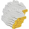 AQSON White Gloves with Yellow Edge Washable Glove Cotton Gloves Plain Seamless Workwear Gloves Protective Industrial Work Gloves Good for Wood Worker Factory Working 12 Pairs