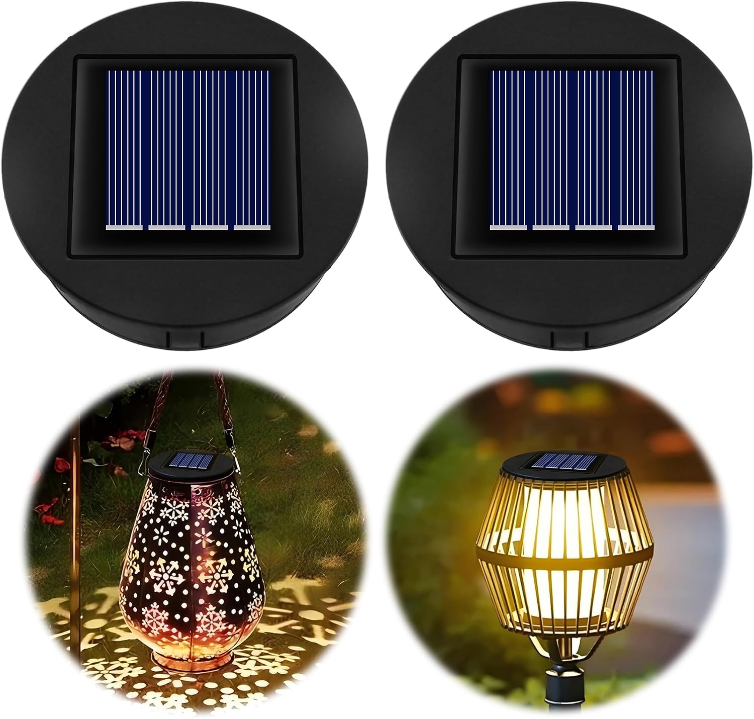 Solar Light Top 8cm for Outside Lanterns, 1.2V 600mAh, IP44 Solar Panels With Warm LED Light, Replacement Unit for Garden Lantern Lamp, 2PCS