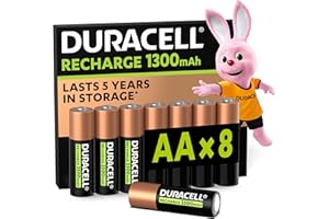 Duracell Rechargeable Akumulatorki (8 szt.), AA 1300 mAh NiMH, 2000 cykli, Fabrycznie naładowane, Długotrwała wydajność z opakowaniem w 100% nadającym się do recyklingu, nie zawiera plastiku