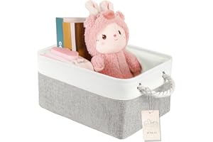 JUNLAI Storage Baskets with Handles, Foldable Small Storage Box, Fabric Wardrobe Storage Basket for Office & Home, Book, Clothes, Toys(Grey and White, Small)