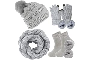 CheChury Cappelli Invernali Sciarpa e Guanti Calze Invernali Donna Set Cappello con Pompom Sciarpa Invernali Sciarpa Guanti Touch Screen Set all'Aria Aperta Regali Originali Berretto in Maglia