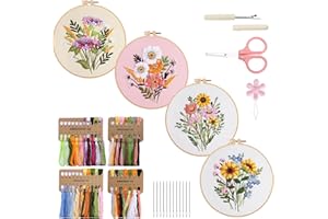 VynyQoo 4pcs Blumen Sticken Set Erwachsene, Stickset für Anfänger, Embroidery Kit mit Kunststoff Stickrahmen, Stickerei Starter Set mit 4 Blumenmuster Video und Anleitung für DIY Handwerk Geschenk