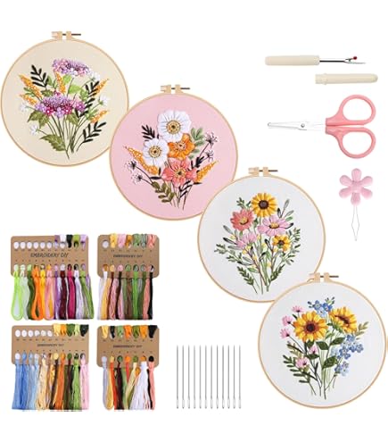 Kit Ricamo Punto Croce ASTNIC Per Principianti - Set 4 Fiori Con Cerchi E Filati