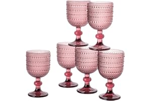 Baroni Home Set de 6 Verres à Pied en Verre Décorés avec des Finitions en Relief de 20 CL, Verres pour Vin et Eau, Lavables au Lave-Vaisselle, 8x8x14,5 cm, Rose
