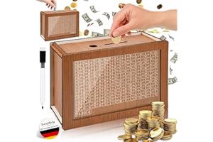 Swetfela 10000€ Caja de Ahorro de Madera,Hucha con Contador con Placa Acrílica, Reutilizable,Caja de Ahorro con Marcadores,Caja de Ahorro,Hucha con Contadorhucha de Madera para Adultos y Niños