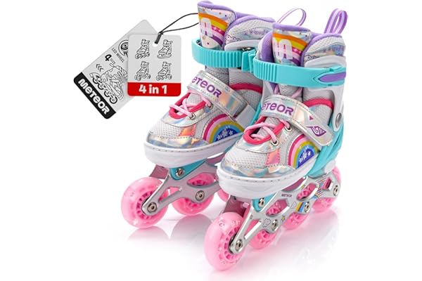 Patins à roulettes pour Enfants 4 en 1 réglables 25-37 – Rollers, quads et Glace – Coque Haute Stable, Roues PU, ABEC-7 – par Meteor