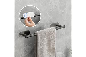 SANEIYA Self Adhesive Single Towel Rail, 40cm Stainless Steel Bathroom Towel Holder Tack Towel Holder for Bathroom, Kitchen, Easy to Install without Drilling (Black)