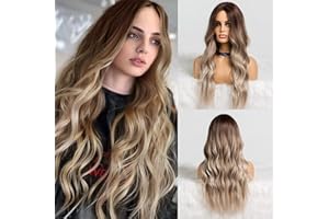 HAIRCUBE Perruques ondulées brunes de coiffure longues pour femmes, perruque synthétique de cheveux bouclés naturelle avec une partie centrale Perruques pleines quotidiennes et usage de la fête