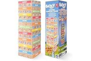 Bluey Tumbling Tower Game - 54 Colourful FSC-Certified Wooden Blocks, Hand-Eye Coordination & Motor Skills Family Game, Eco-Friendly Fun for Kids Aged 3+, Durable & Non-Toxic
