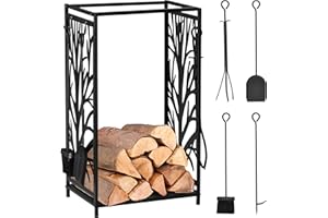 HOMCOM Porte bûches - Range bûches Serviteur de cheminée Arbre - Multi Accessoires étagère 46L x 29l x 70H cm Acier Noir