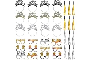 BFSYRR 36 Pcs New Years Eve Decorations 2026, Black Silver and Gold Happy New Year Headband, 2026 Glasses, Screaming Whistle, New Year Eve Party Accessories are Essential Photo Props for Party