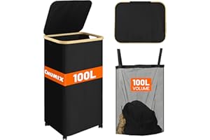 Chumix Cesto Ropa Sucia con Tapa, 100L Cesta Ropa Sucia con Ruedas, Cubo Ropa Sucia Plegables con Mango de Bambú, Bolsa Interior Extraíble y Lavable, para Baño, Dormitorio, Lavadero, Nero