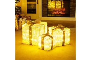 COSTWAY Pudełko prezentowe LED, zestaw 3 sztuk, podświetlana dekoracja bożonarodzeniowa z 200 diodami LED o ciepłej białej barwie, pudełko bożonarodzeniowe ze złotą kokardką, pudełka dekoracyjne na