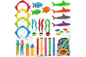 Delycazy 28Pcs Diving Toys Swimming Pool, Kids Underwater Toys with Storage Bag, Diving Sticks, Diving Rings, Diving Seagrass and Treasure Game