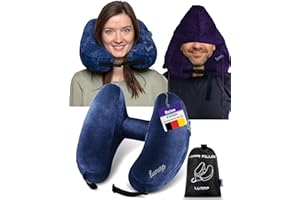 ‎LUNAP Nackenkissen Flugzeug Aufblasbar mit Kapuze | Reisekissen Aufblasbar in H-Form | Nackenhörnchen Erwachsene Gr. L | Nackenkissen Aufblasbar mit 3 Zügen | Reisekissen Flugzeug Kissen Blau