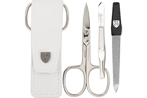 DREI SCHWERTER - Juego de manicura y pedicura de 3 piezas en estuche de piel auténtica, color blanco. Fabricado en Alemania. Contenido: tijeras de uñas, pinzas, lima de uñas de zafiro