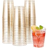 KAHEIGN Set of 50 Gold Sequin Plastic Cups, 300ml Clear Plastic Round Dessert Bowls Reusable for Whiskey Foam Pudding Party (