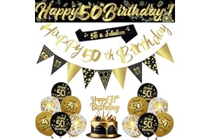 BALLOON GARLAND 50th Birthday Decorations Set, 18Pcs Black Gold Balloons Kit with Sash, Banners, Triangle Flags, Cake Topper, Black Gold and Sequin Balloons for Men Women 50th Birthday Party Decorations Supplies