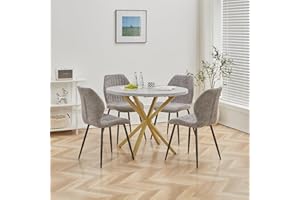 DEYARNA HOME Juego de Mesa de Comedor Redonda de 100 cm con 4 Sillas de Tela de Lino, Conjunto Mesa y Sillas de Comedor para Comedor, Cocina y Salón (Gris/Oro+ST-Gris)