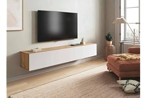 Dmora Mobile Porta TV Vincennes, Porta TV a 2 Ante, Mobile sospeso Soggiorno, 180x35h28 cm, Rovere Nodi e Bianco