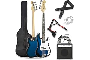 3rd Avenue Pack Guitare Basse Électrique 4/4 Taille Standard pour Débutants avec Amplificateur 15 W, Housse, Jack, Sangle, Stand et Jeu de Cordes de Rechange – Bleu