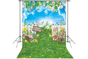 BINQOO Cielo blu felice Pasqua Coniglio Fotografia Sfondo Primavera Coniglietto Uova Colorate Recinzione di Legno Giardino Erba Prato Sfondo Bambini Festa di Pasqua