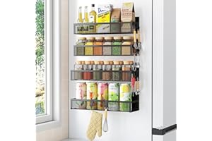 MIYAWELL Magnetic Spice Rack for Refrigerator, 4 Pack Magnetic Shelf, Fridge Organizer Shelves with Moveable 8 Hooks Racks for Kitchen Organization and Storage, Metal&Black