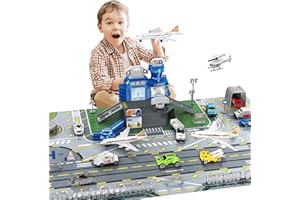 deAO Airplane Toys for Kids with Trucks, Helicopter,Planes, Signs,Fire Trucks Race Cars and Airport Playmat,Great Military Toys Gift for 3 4 5 6 Boys Girls Kids