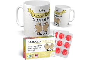 MUNDOHUEVO Pack Regalo Opositores Original| Taza Divertida “Esta Oposición la Apruebo por Huevos” + Caramelos de Broma OposiciónForte| Detalle Gracioso y Motivador para Estudiantes y Funcionarios en Preparación