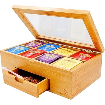 Teekiste Holz Teebox 9 Fächern Glasdeckel Tee Kiste Teekasten