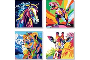 BEAYIOU 4 Pack Paint by Numbers Kit for Kids, Horse Color by Number Painting Kits for Kids Ages 8-12 Dinosaur Paint by Numbers Canvas Children DIY Paints by Number Kits for Beginners 8x8 Inch