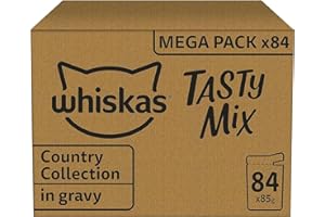 WHISKAS Repas pour Chat - 84 Sachets Fraîcheur de 85g - Pâtée pour Chat Adulte en Sauce - Tasty Mix Recettes de Campagne (4 Variétés) – Nourriture Humide Complète & Equilibrée, 84x85g