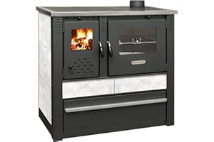 ProTermo Kaminofen Panonia in Weiß mit Abzug Rechts - 10,54 kW Heizleistung - 90x51x85 cm Holzofen mit Backfach, Thermometer und Herdplatte ohne selbstschließender Tür - Bauart 2