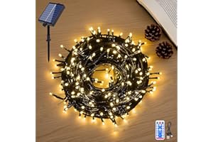 Hopelit Solarny łańcuch świetlny na zewnątrz, 10 m, 100 diod LED, ciepła biel, z pilotem zdalnego sterowania i timerem, 8 trybów, łańcuch świetlny do ogrodu, na taras, Halloween i Boże Narodzenie,