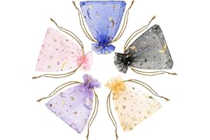 Grevosea Torebki na prezenty z organzy, 7 x 9 cm, księżyc, gwiazdy, z siatki, ze sznurkiem, na biżuterię, Boże Narodzenie, na cukierki, na wesele, walentynki, 100 szt., różne kolory