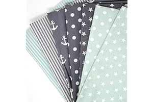 Sugarapple Stoffpaket Baumwolle, Stoffpaket Kinder | Patchwork Stoffe Paket, Stoffe zum Nähen 7 Stück (50 x70 cm) | 60 °C Wäsche, Öko Tex Standard 100 | gesamt 3,5 m x 70 cm | Mix Mint + Grau