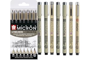 SAKURA Pigma Micron Fineliner Pens Set of 6 + Brush Pen | Waterproof, Permanent Black Ink | Pens for Writing, Drawing & Journaling