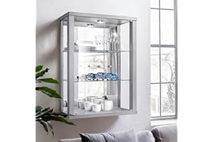 K-Möbel Vetrina Espositiva da Parete (80x60x25cm) – Prodotta in Germania – Vetrina Espositiva per Collezionismo con 2 ripiani in vetro ESG regolabili in altezza, specchio e LED in argento/alluminio