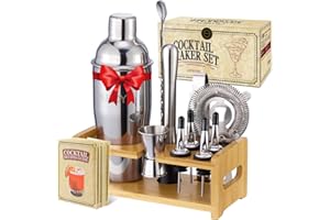 Perjoy 12pcs Cocktail Shaker mit Ständer, Rostfreie Stähle Cocktail Set Mit Doppelten Jigger, Einer Eiszange, Cocktailshaker, Cocktail Mixen, Muddler, Sieb, Cocktail Bar Zubehör (12 Stück mit Ständer)