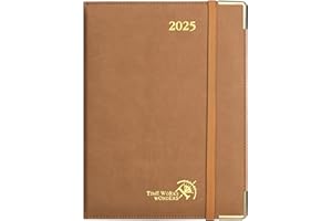 POPRUN Agenda 2025 Semana Vista, Premium 22 x 16,5 cm, Ene 2025 a Dic 2025 con Tapa Dura, Esquinas Protectoras de Oro, 100 GSM Papel EU, Marrón