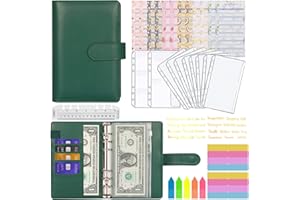 MARICATO Classeur Budget A6, 29Pcs Enveloppe Budget,6Anneaux Classeur Budget Enveloppe avec Dégager Poches Zippées,Feuilles de Budget,Étiquettes,Catégorie Autocollants,Stockage Cartes,Règle-Vert Foncé