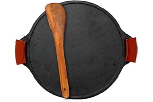 Rock Tawa Dosa Tawa 12 Inch Pre-Seasoned Cast Iron with Free Wooden Spatula and Silicon Grip Cover